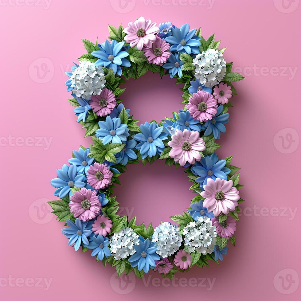 ai généré nombre 8 fabriqué de fleurs. décoration pour Mars 8, international aux femmes journée. sur une rose Contexte photo