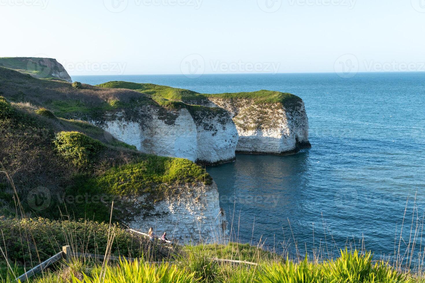 scénique vue de blanc craie falaises avec luxuriant verdure surplombant une calme bleu mer dans Flamborough, Angleterre. photo