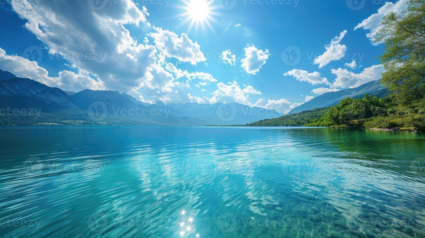 ai généré calme turquoise Lac en dessous de une ensoleillé ciel une serein havre. tranquille beauté, ai généré. photo