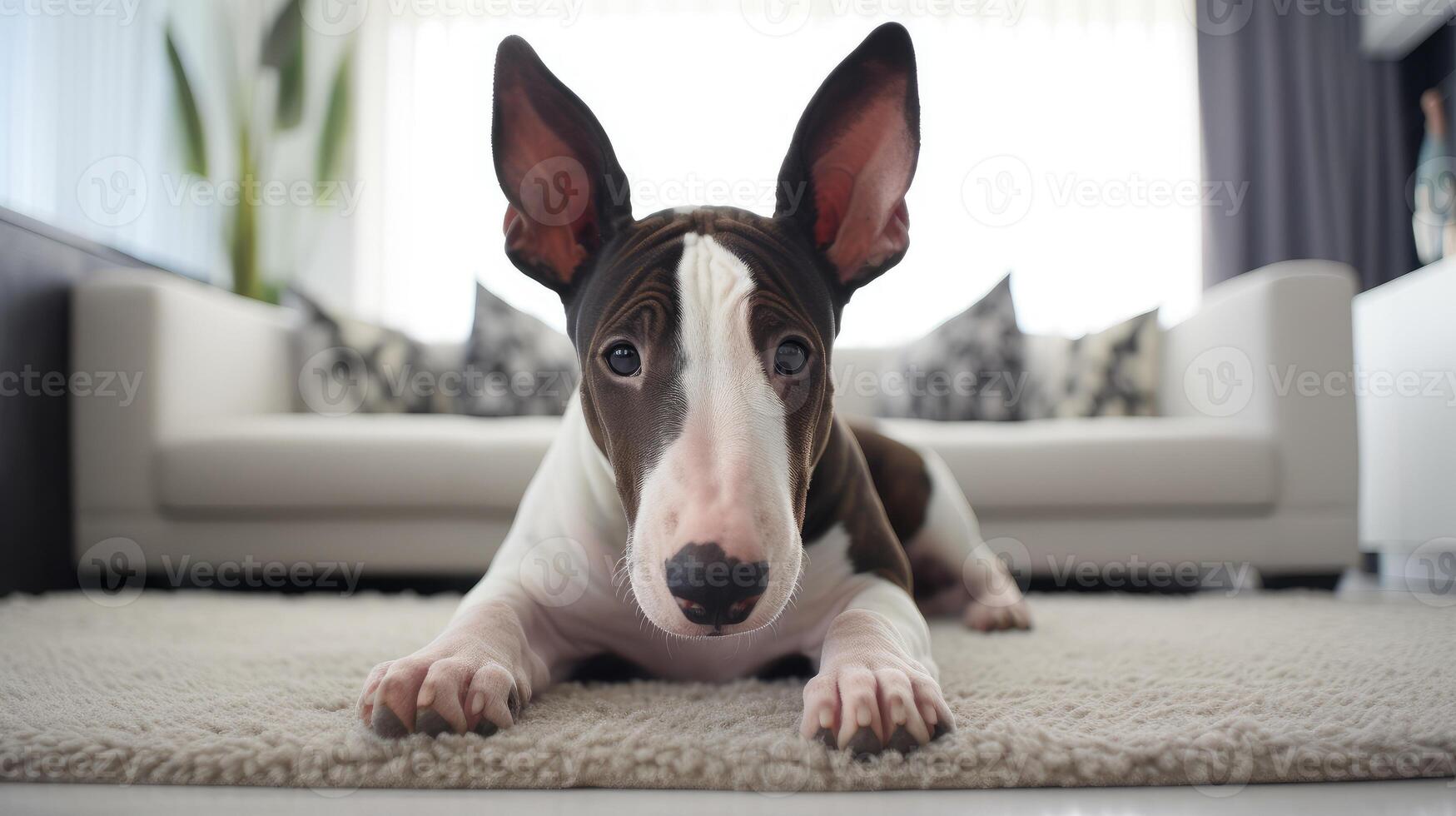 ai généré mignonne taureau terrier confortablement mensonges sur une blanc tapis, ajouter une délicieux toucher à le vivant chambre, ai généré. photo