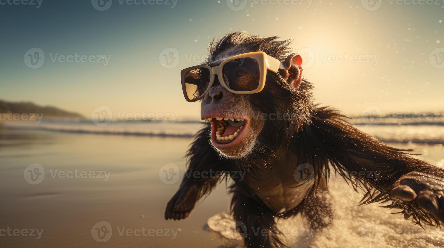 ai généré expérience le intensité de un chimpanzé saut sur le plage dans une étourdissant fermer photo, ai généré. photo