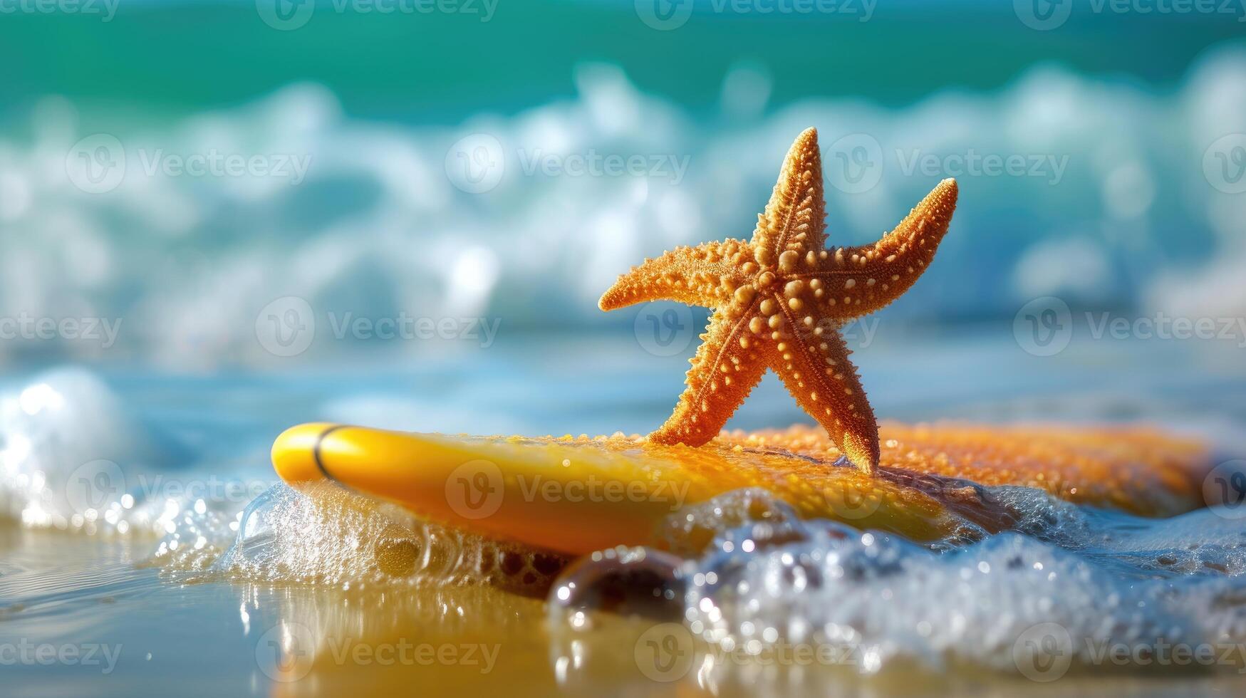 ai généré une mignonne étoile de mer surfeur jouit une amusant été journée à le plage, équitation vagues avec enthousiasme, ai généré. photo