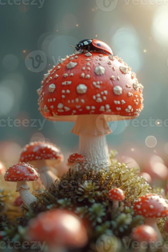 ai généré coccinelle et mouche agaric dans le forêt photo