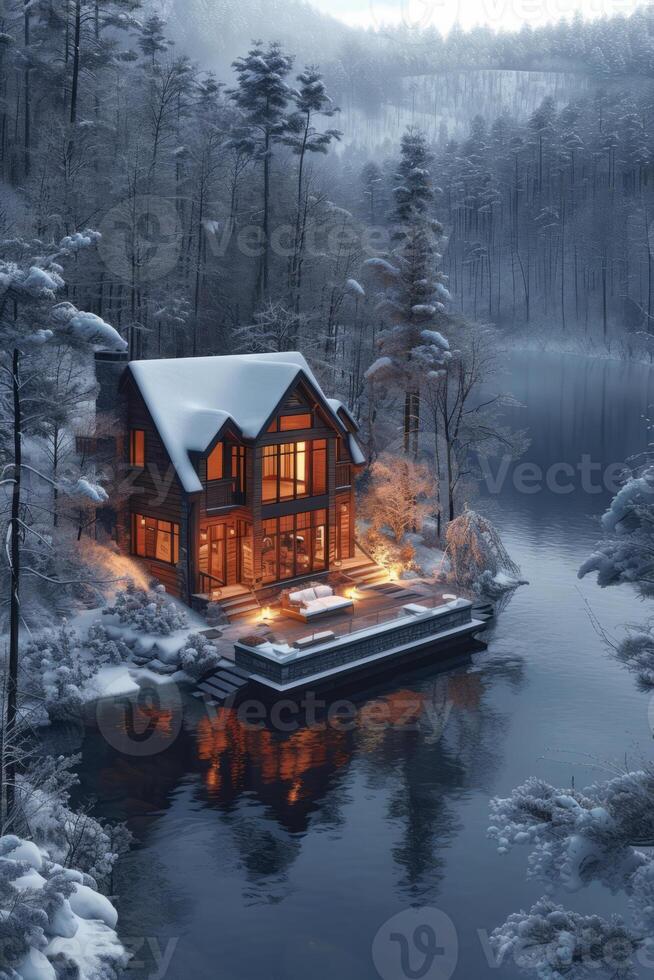 ai généré cabine est couvert dans neige sur Lac dans le l'hiver. photo