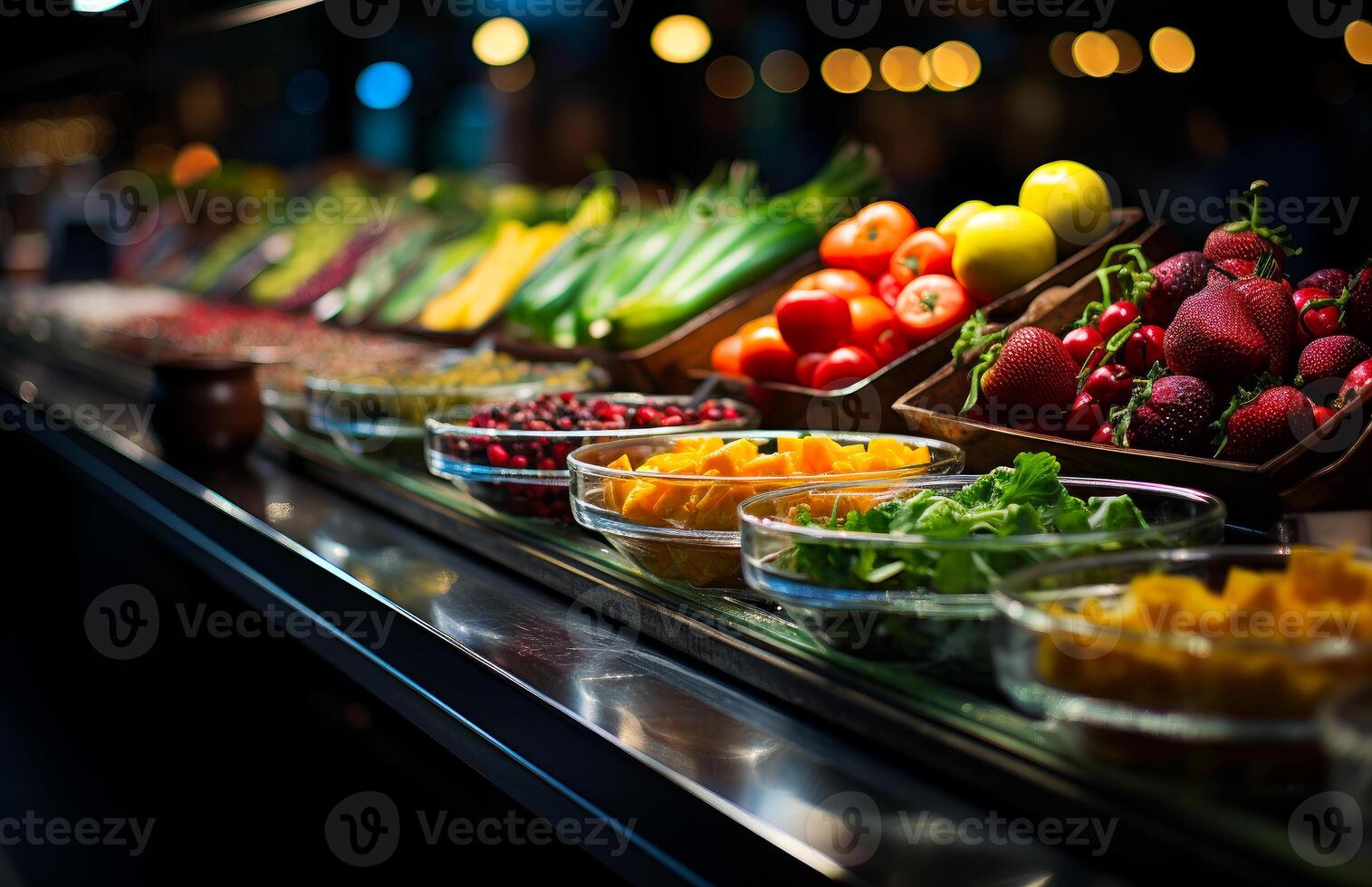 ai généré supermarché avec produire dans devant. Frais des fruits et des légumes dans supermarché photo