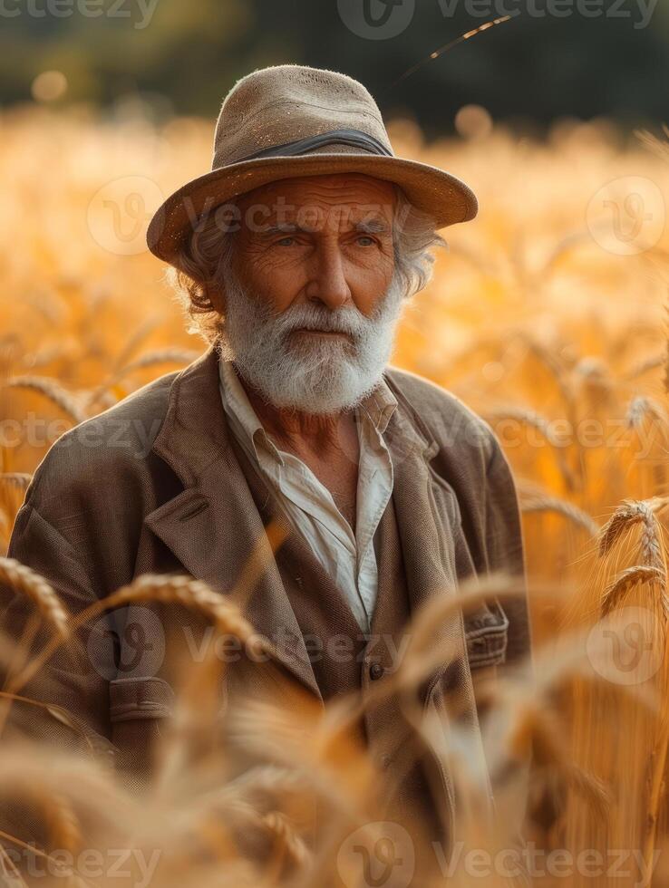 ai généré vieux agriculteur permanent dans blé champ à la recherche à le caméra photo