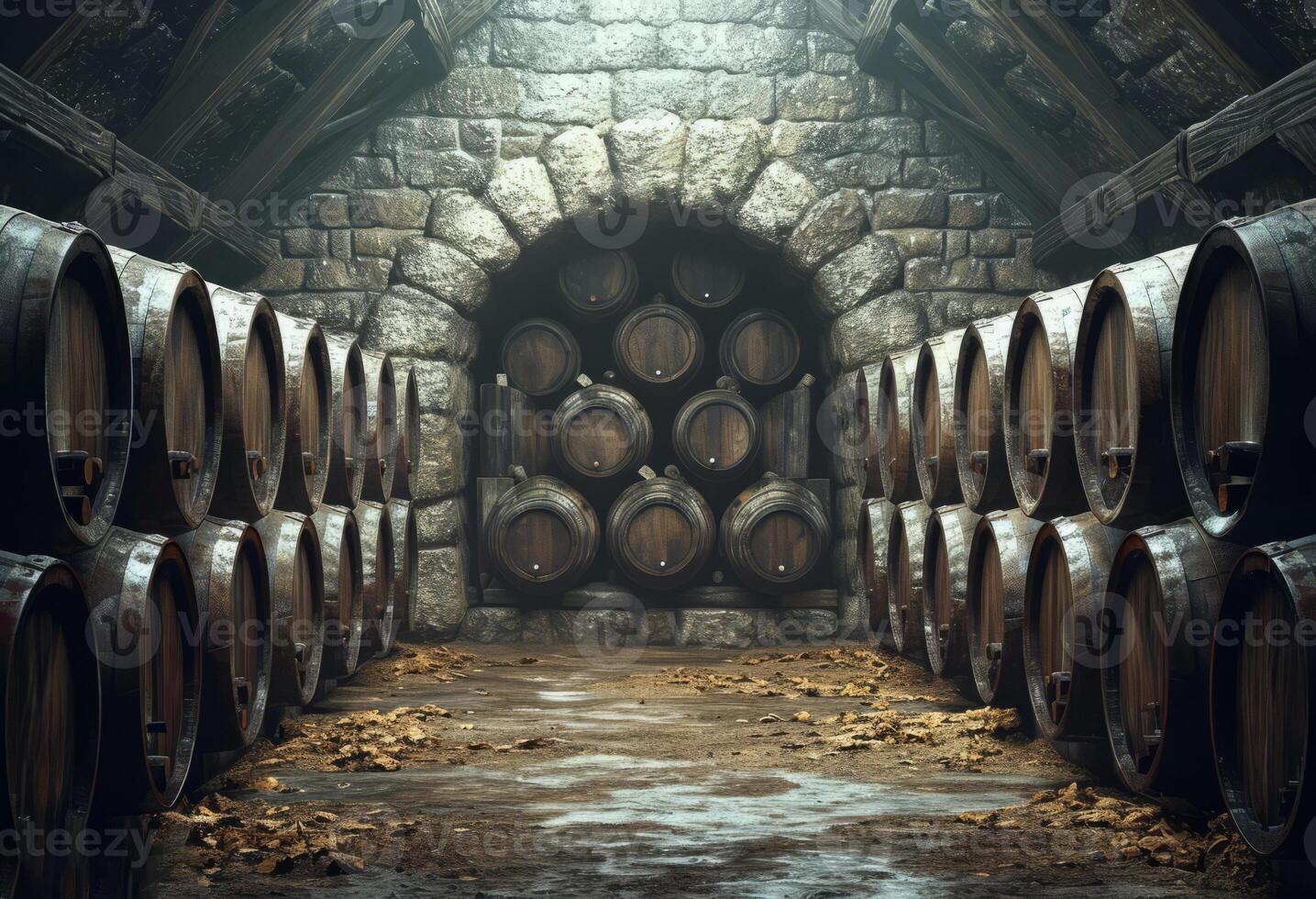 ai généré du vin cave avec rangée de chêne barils. photo