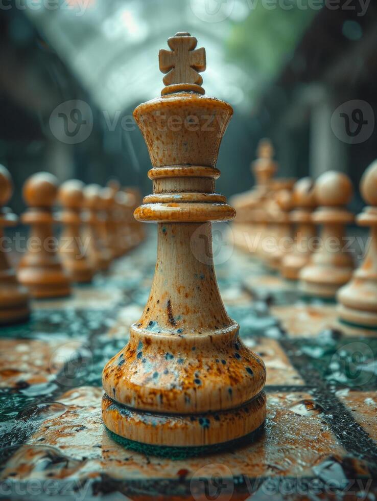 ai généré échecs planche sur tapis contenant échecs pièces. une détaillé vue de une échecs planche montrant le pièces arrangé dans leur départ postes pour une jeu. photo