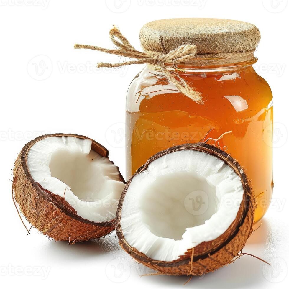 ai généré succulent noix de coco confiture confiture gelée conserves dans une verre pot, accompagné par Frais noix de coco, présenté sur une nettoyer blanc toile de fond, ai généré. photo