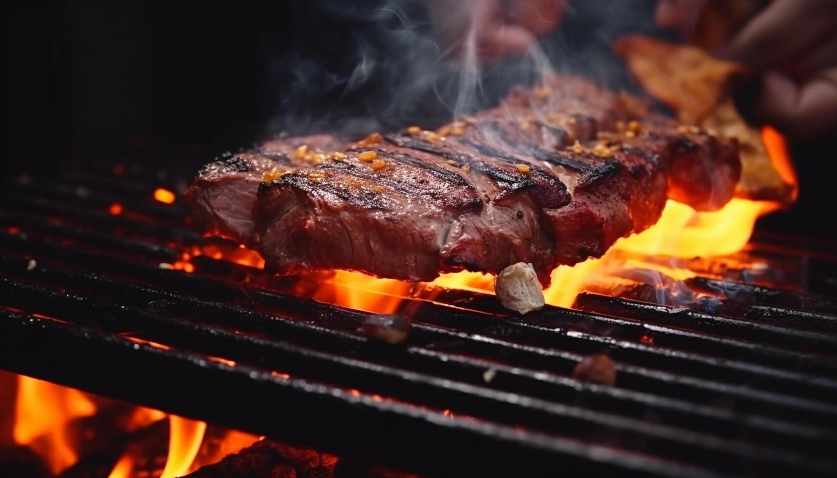 ai généré une homme cuisiniers une Viande steak sur charbon gril. barbecue faire la fête. steaks cuisine plus de flamboyant gril photo