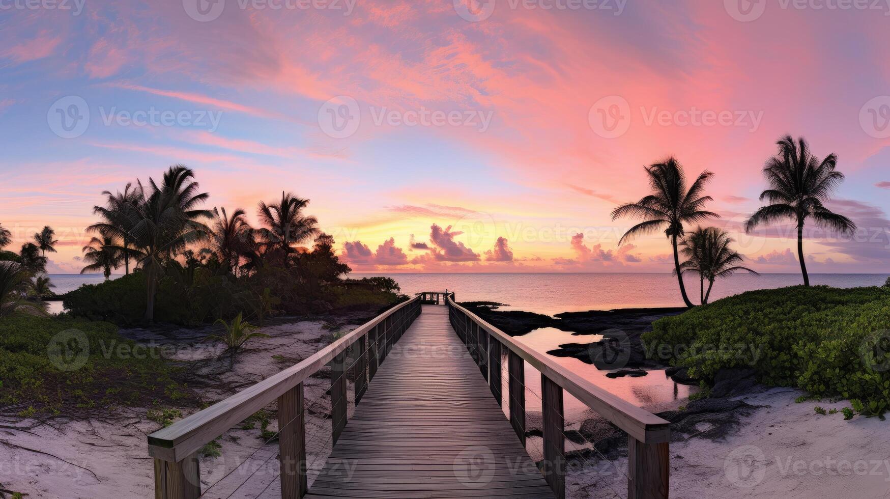 ai généré panoramique vue de une passerelle de premier plan à écrase plage, baigné dans le Matin lumière. ai généré. photo