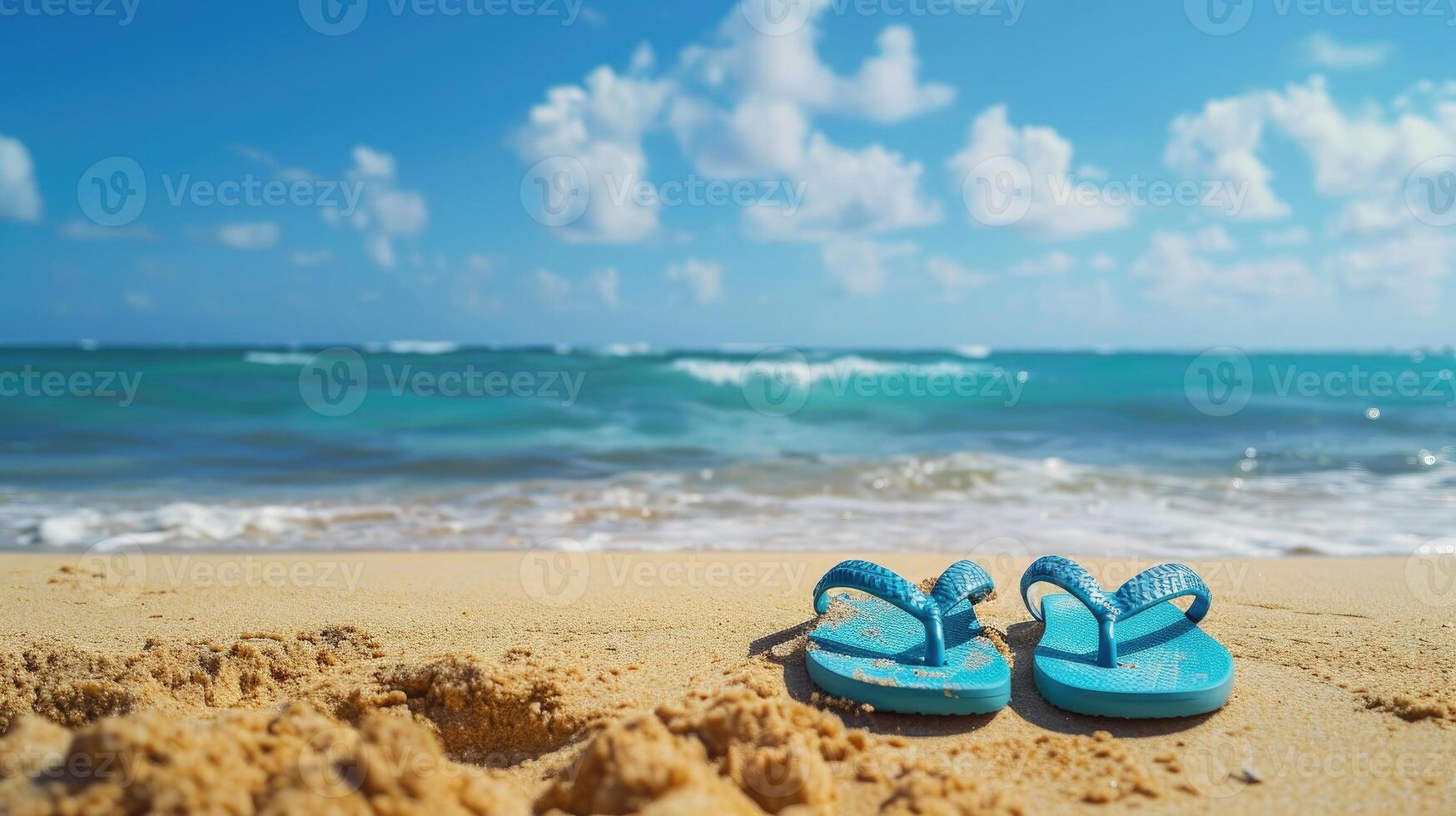 ai généré une paire de tongs des stands dans le le sable à le plage, avec le vaste océan création une serein toile de fond. ai généré photo