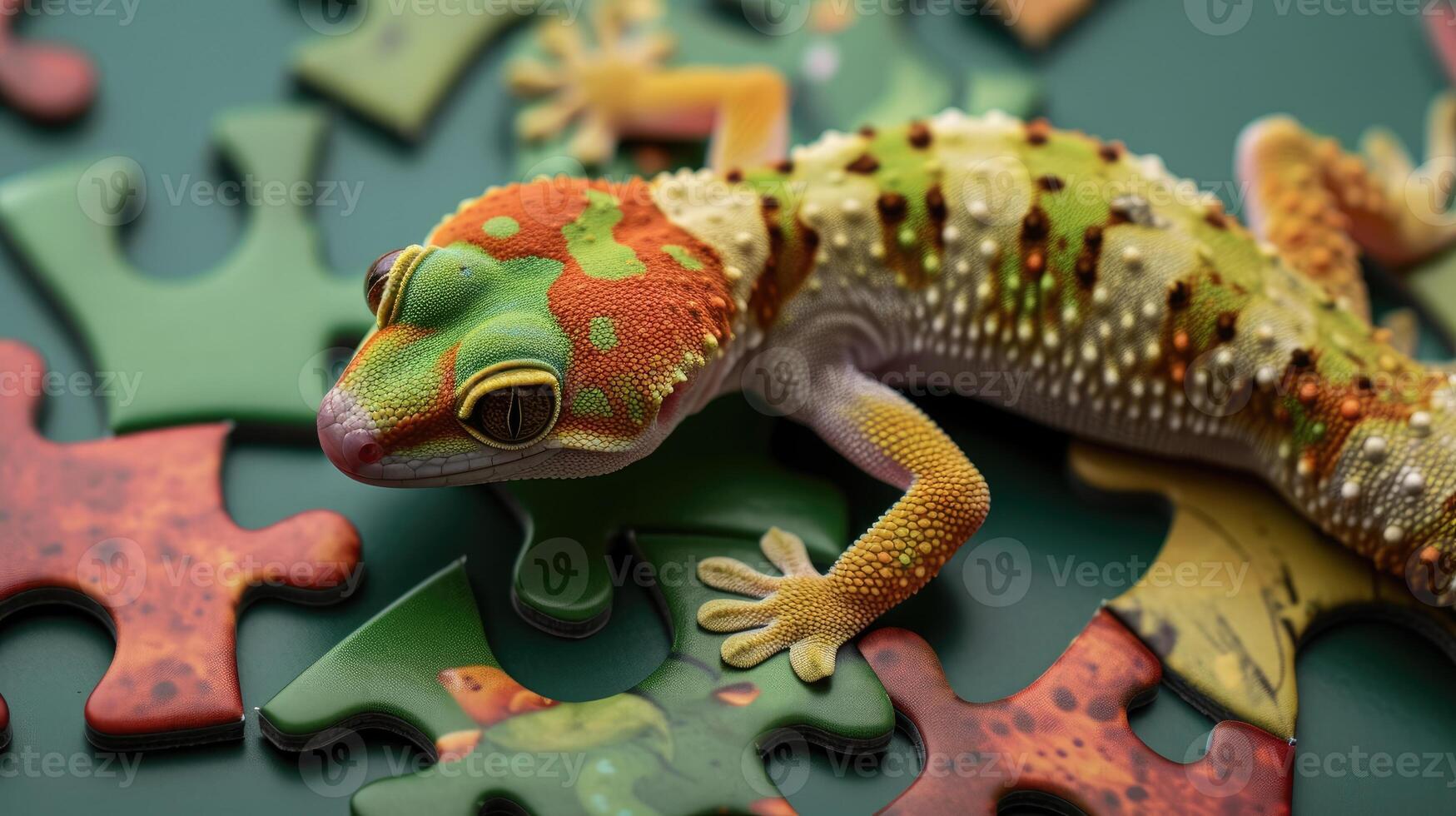 ai généré mignonne gecko absorbé dans une scie sauteuse puzzle, ajouter une capricieux touche, ai généré. photo