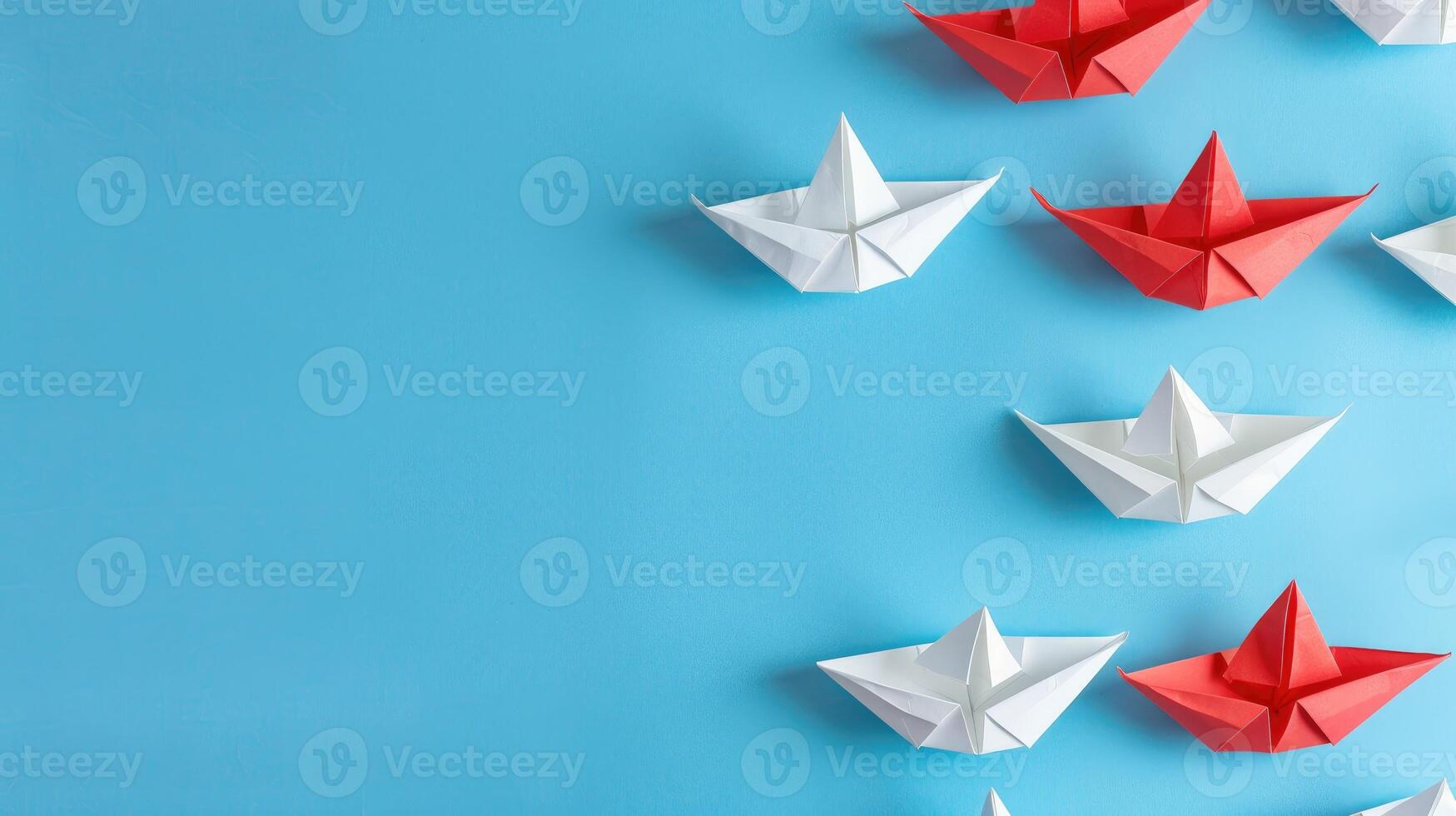 ai généré groupe de blanc papier navires voile ensemble, contrasté par un rouge navire montrer du doigt une différent façon sur une bleu Contexte. ai généré photo