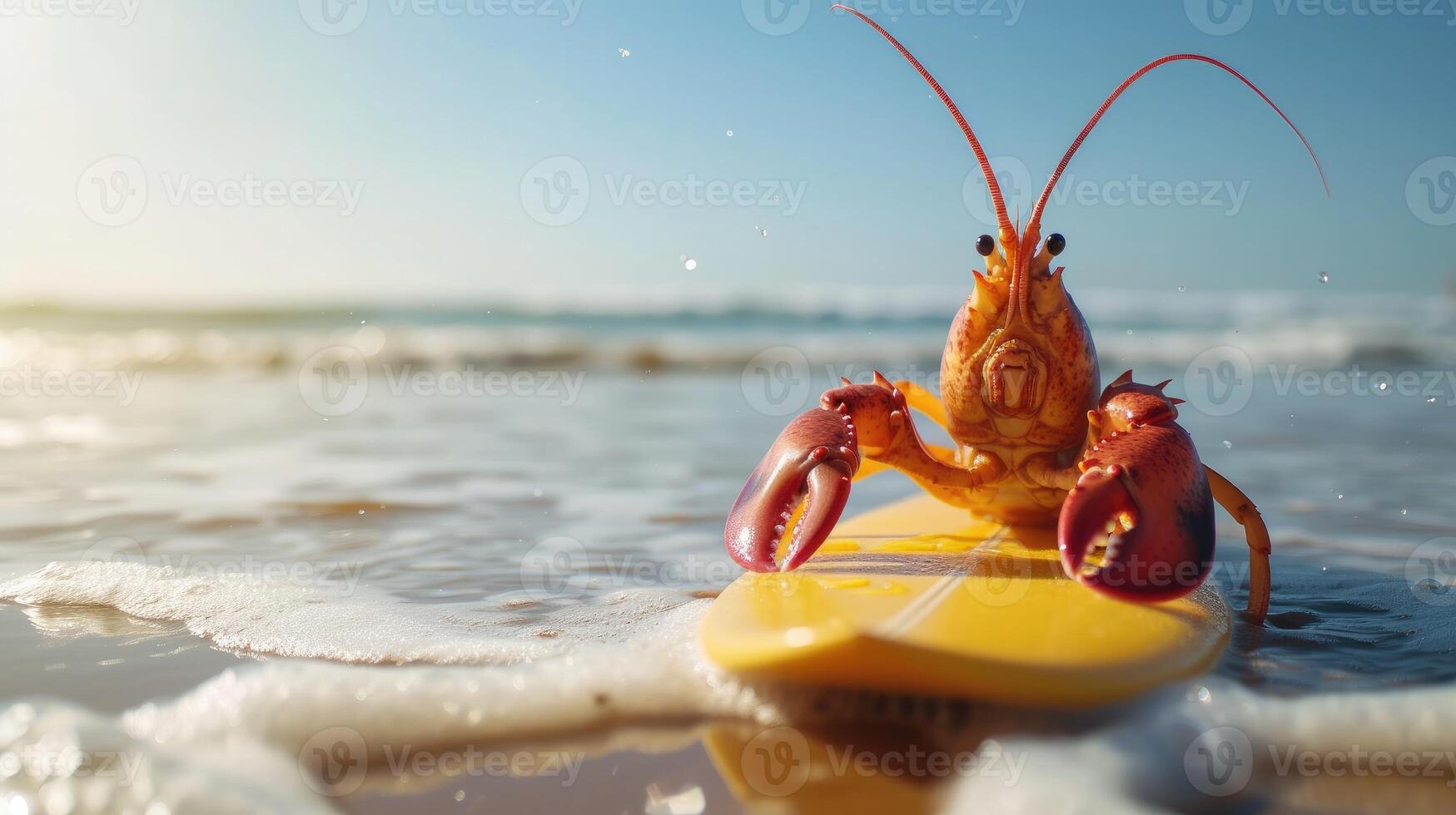 ai généré une mignonne Homard surfeur jouit une amusant été journée à le plage, équitation vagues avec enthousiasme, ai généré. photo