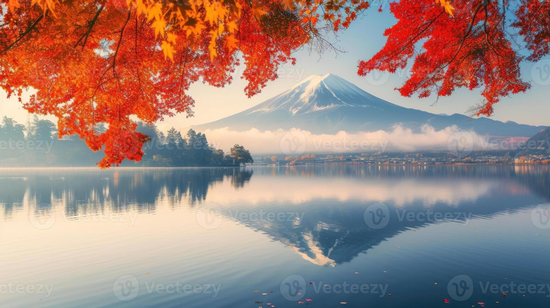 ai généré l'automne palette se déroule, Fuji des stands parmi Matin brume, orné avec ardent feuillage, ai généré. photo