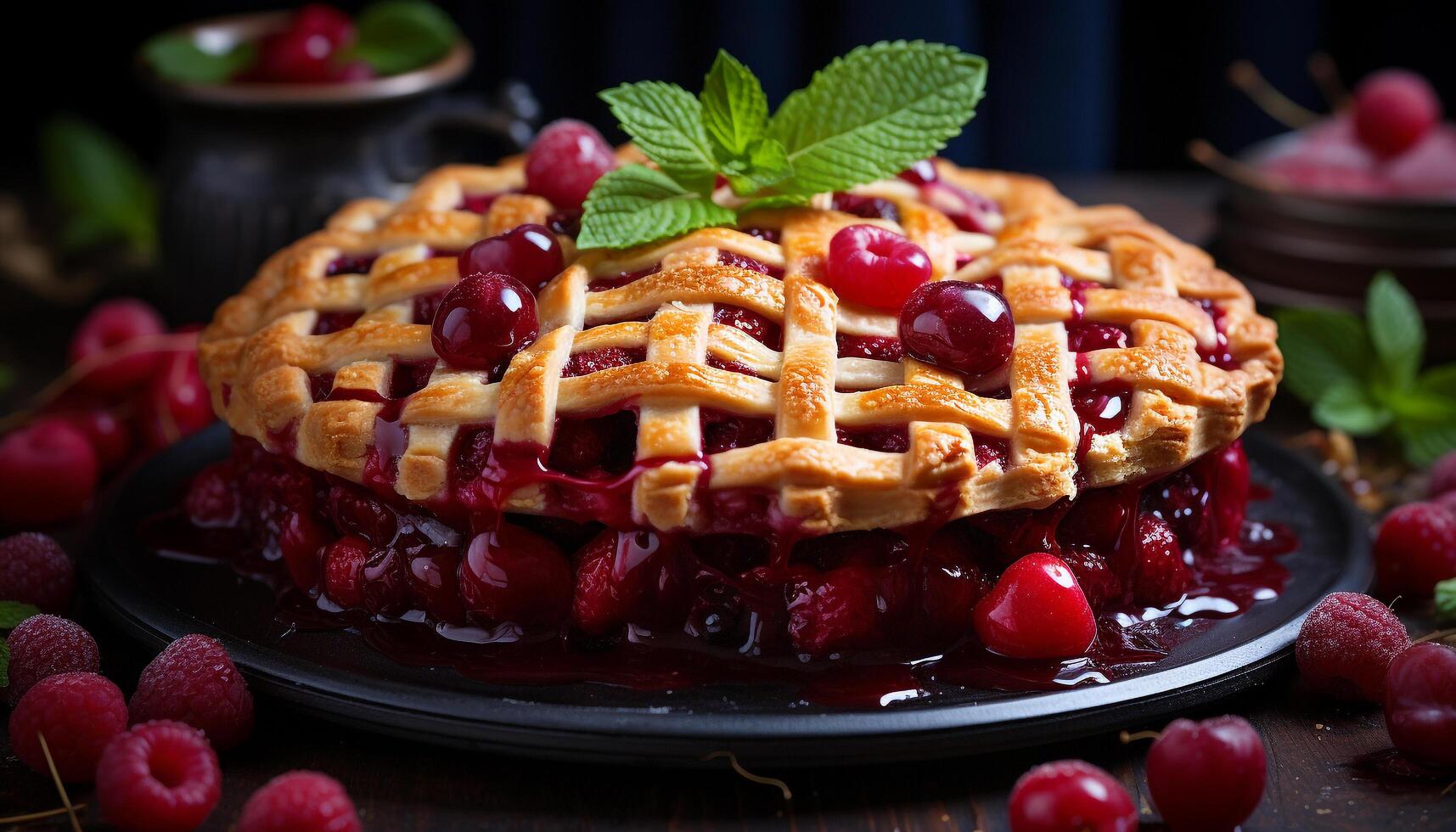 ai généré Frais baie dessert sur en bois assiette avec menthe feuille garnir généré par ai photo