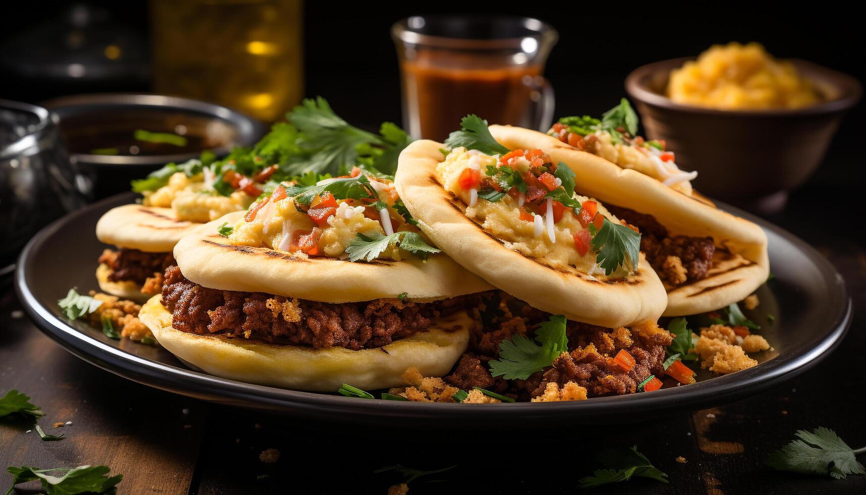 ai généré grillé du boeuf taco avec guacamole, fraîcheur sur une en bois table généré par ai photo