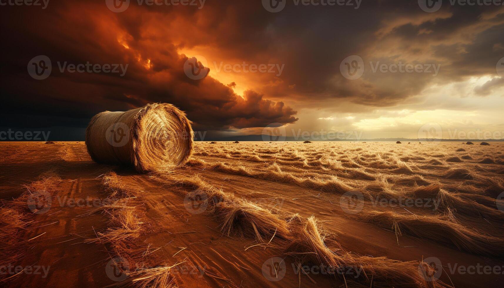 ai généré le coucher du soleil plus de une rural cultiver, d'or blé récolté en dessous de spectaculaire ciel généré par ai photo