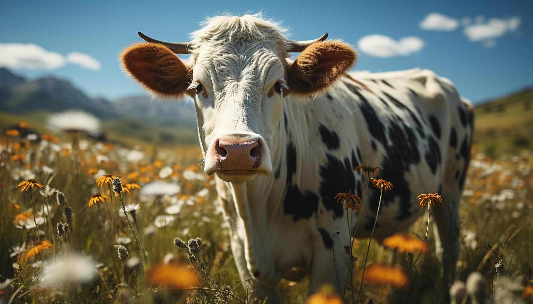 ai généré mignonne vache permanent dans vert prairie, profiter le Frais en plein air généré par ai photo