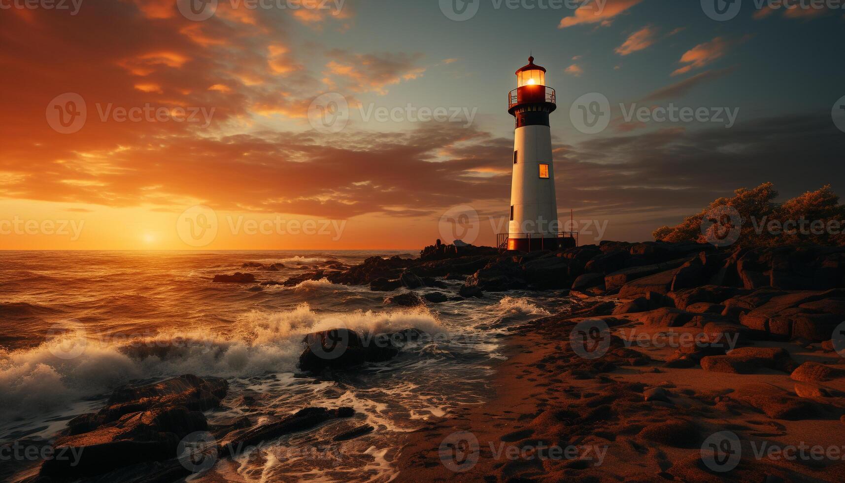 ai généré le coucher du soleil plus de le littoral, vagues crash sur tranquille des eaux généré par ai photo