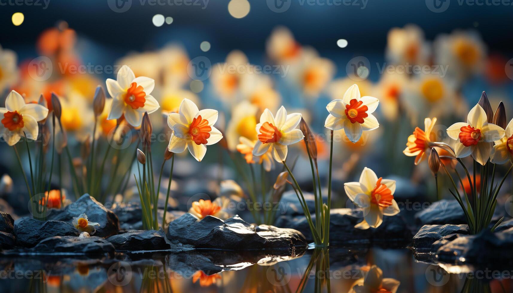 ai généré fraîcheur de été, vibrant fleurs sauvages prairie, tranquille le coucher du soleil réflexion généré par ai photo