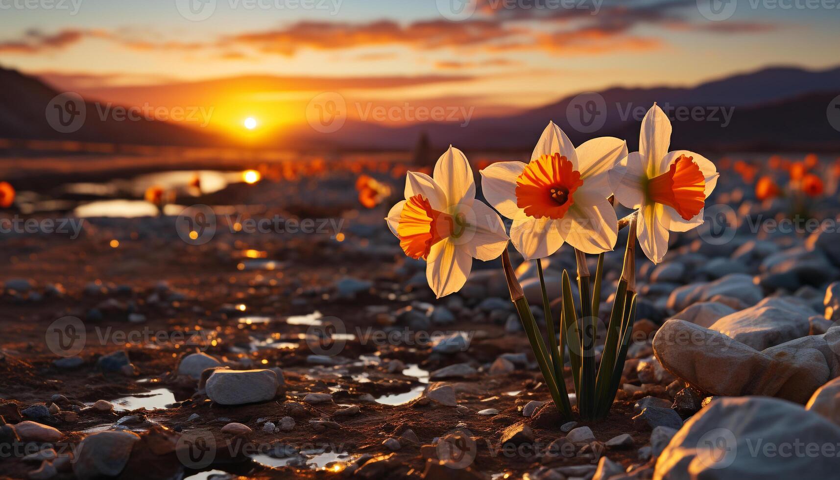ai généré le coucher du soleil plus de prairie, vibrant fleurs Floraison dans tranquille la nature généré par ai photo