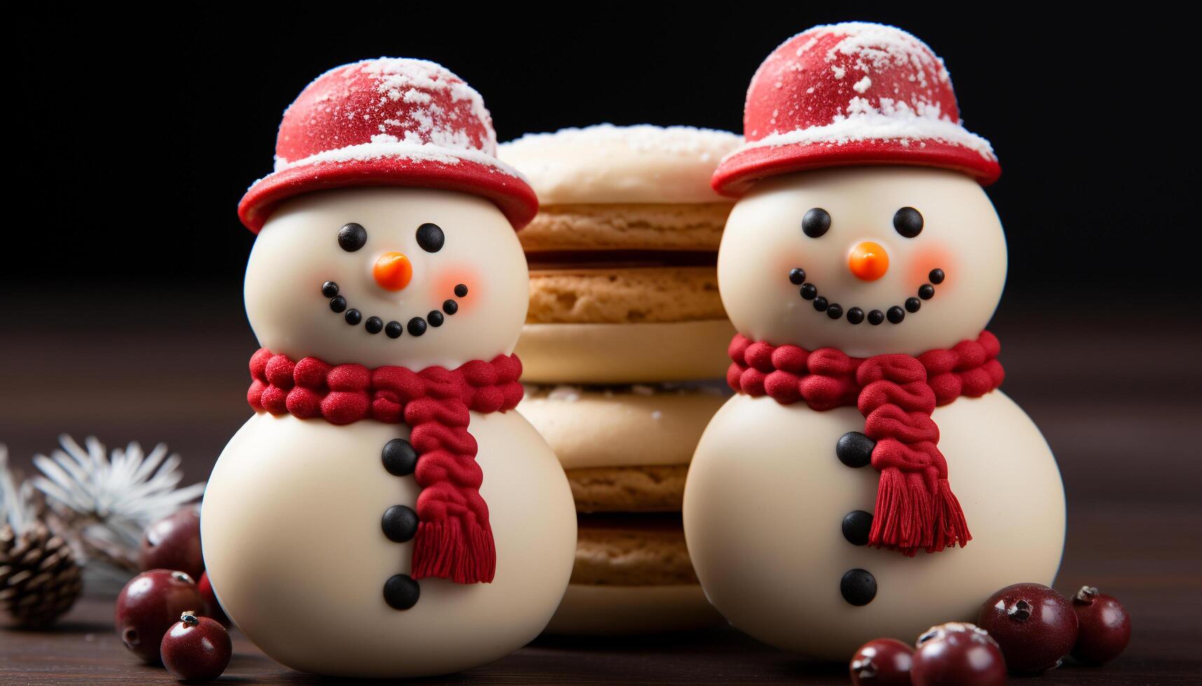 ai généré hiver fête bonhomme de neige, flocon de neige, Noël ornement, fait maison Chocolat biscuit généré par ai photo