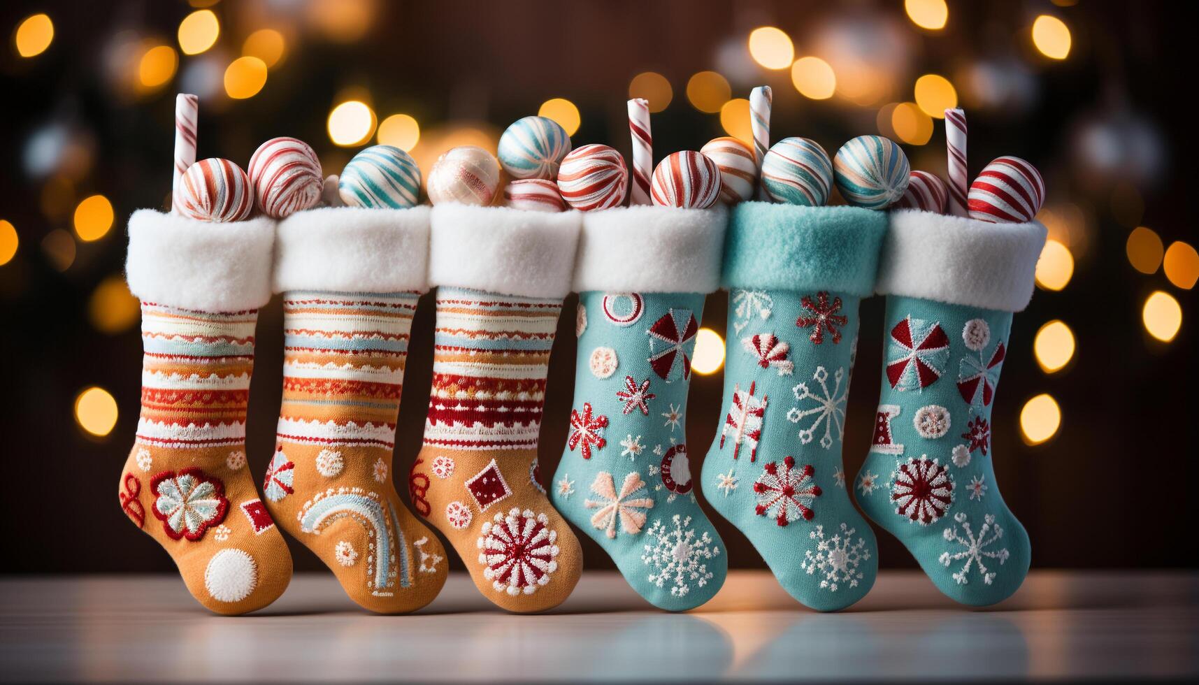 ai généré hiver fête flocon de neige chaussettes sur bois, proche en haut de Noël stockage généré par ai photo