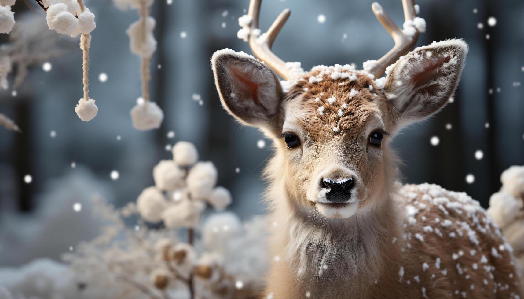 ai généré mignonne cerf dans neige, à la recherche à caméra, hiver pays des merveilles généré par ai photo