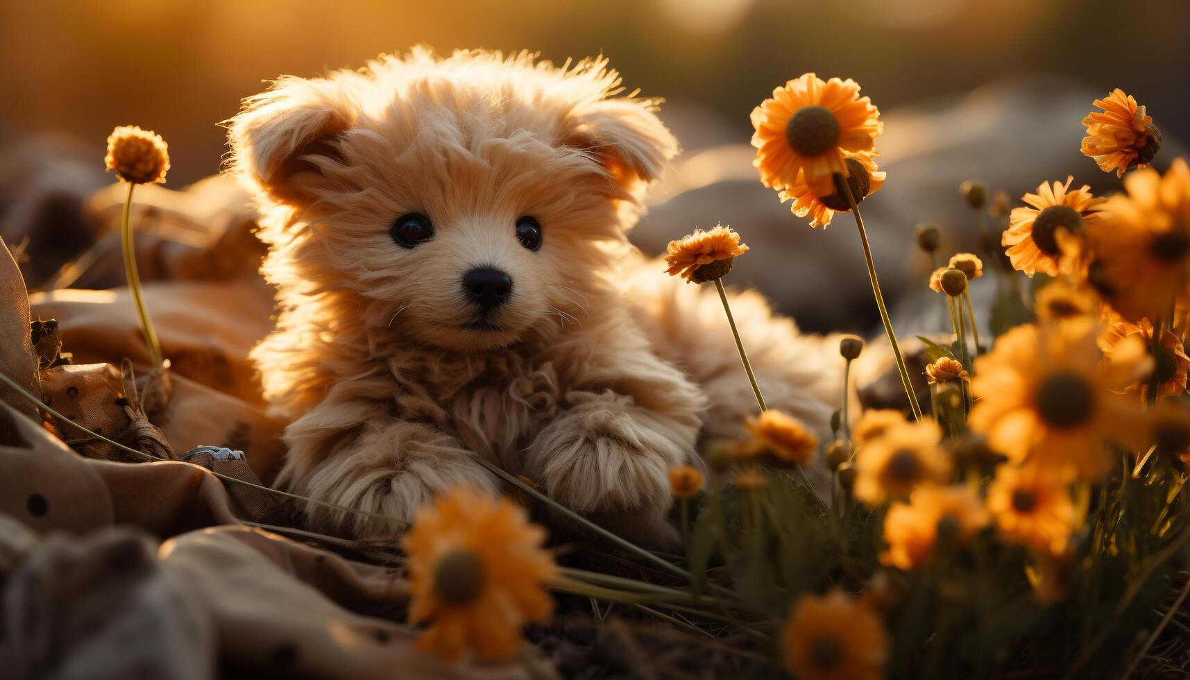 ai généré une mignonne chiot séance dans le herbe, à la recherche à le caméra généré par ai photo