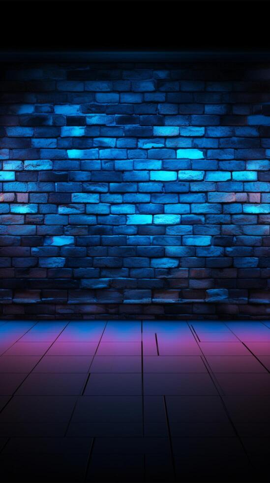 ai généré futuriste ambiance foncé bleu brique mur illuminé par néon lumières verticale mobile fond d'écran photo