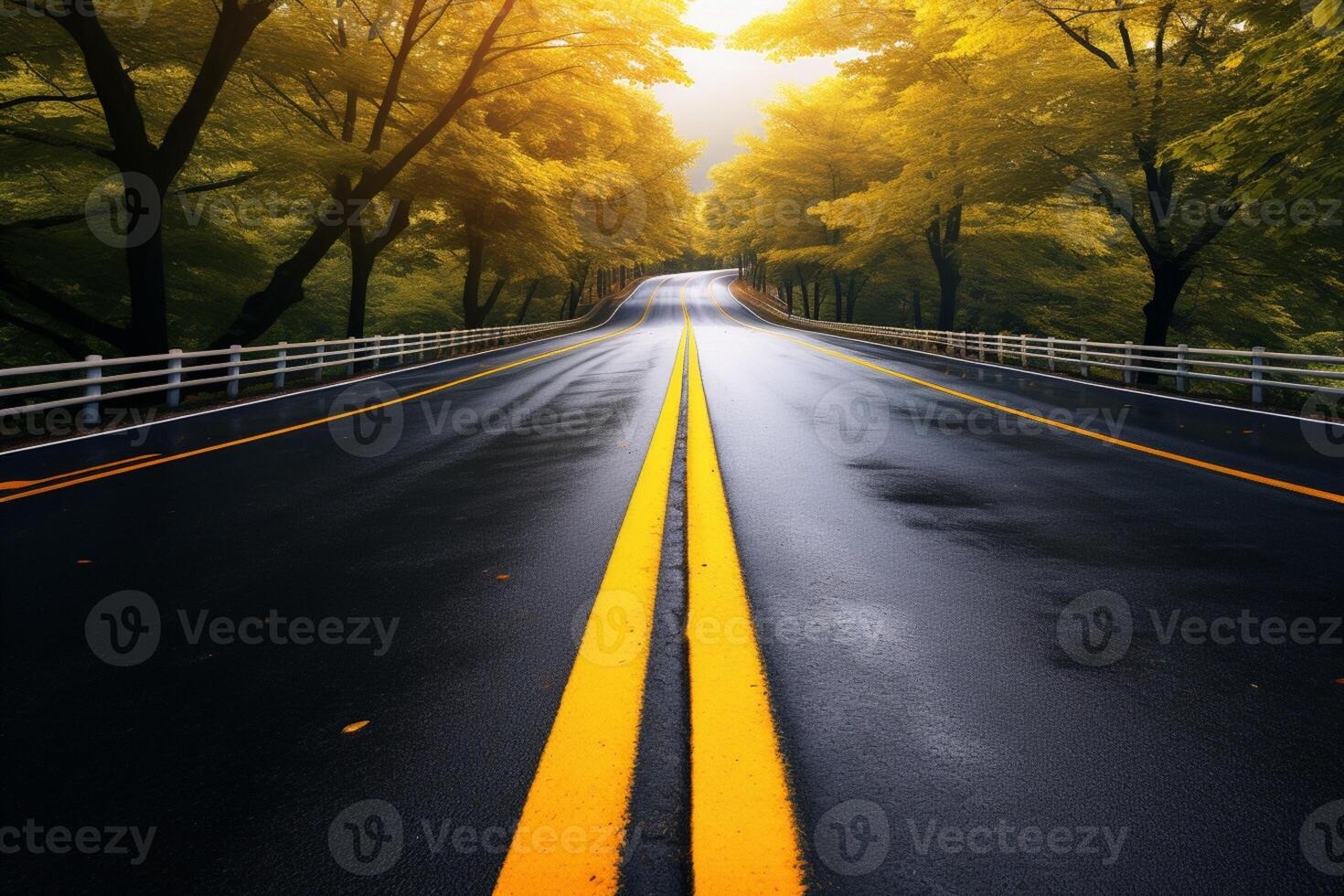 ai généré sérénité dans mouvement campagne route avec des arbres et Jaune ligne photo