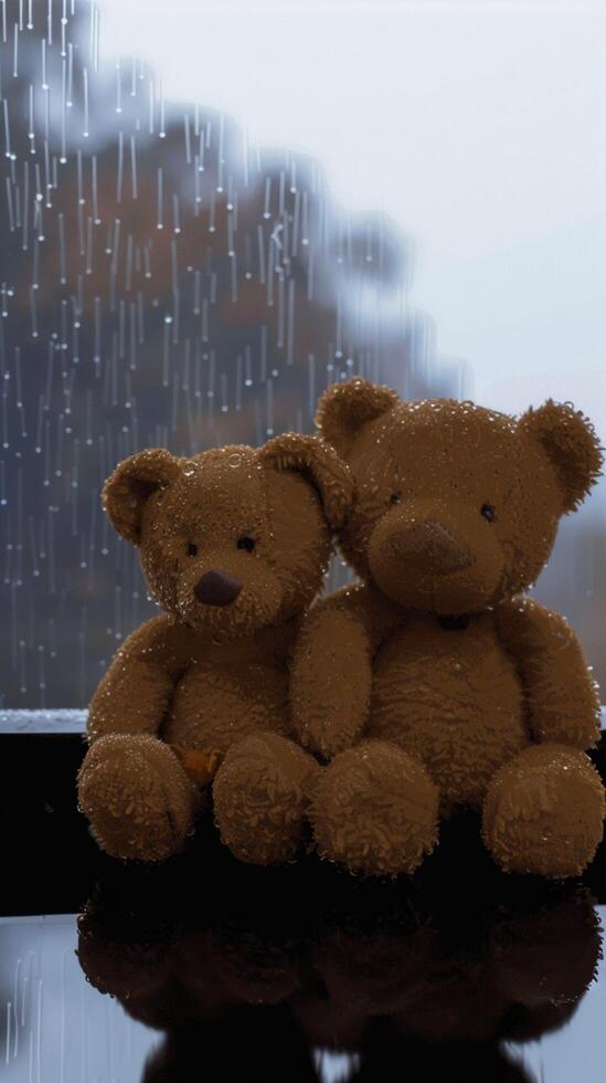 ai généré pluvieux jour, nounours ours les amoureux partager un embrasser, regarder en plein air verticale mobile fond d'écran photo