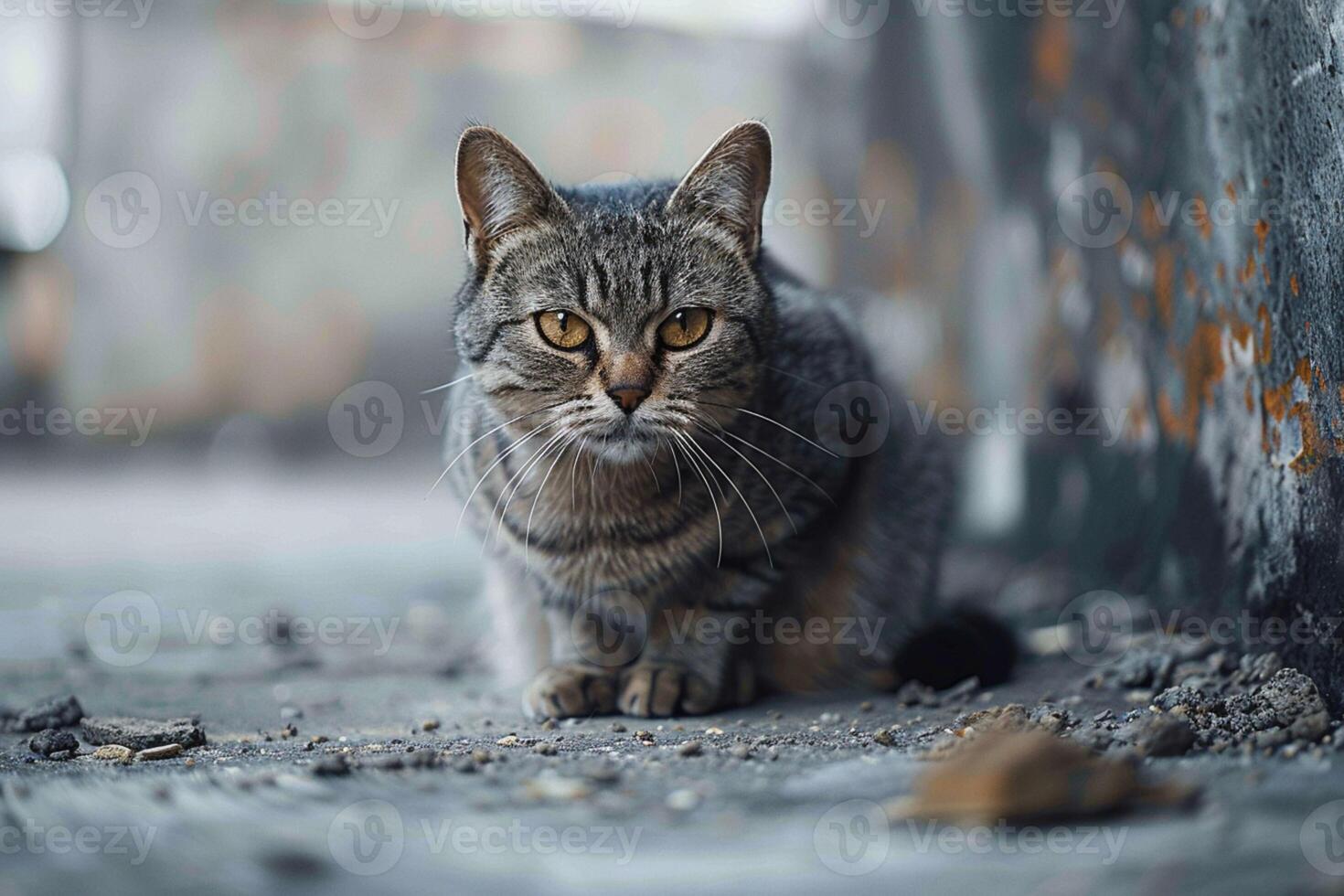 ai généré solitaire chat sur une silencieux ciment sol, isolé encore serein photo