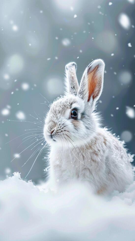 ai généré majestueux Arctique lièvre dans parfait blanc neige réglage avec fond verticale mobile fond d'écran photo