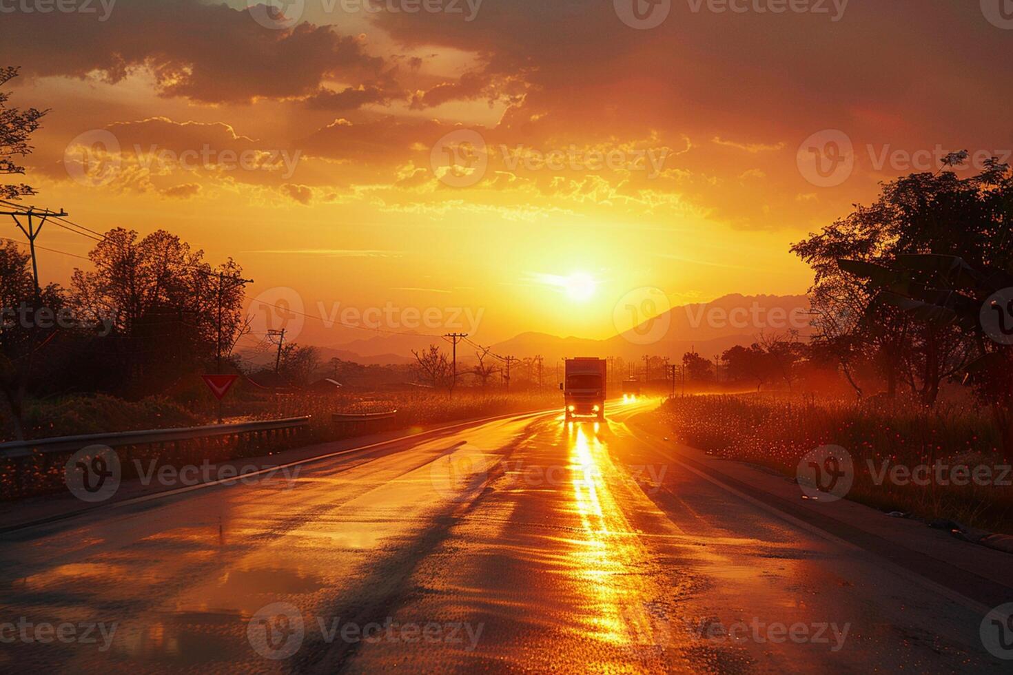 ai généré en mouvement Véhicules sur une pays route contre une étourdissant le coucher du soleil toile de fond photo