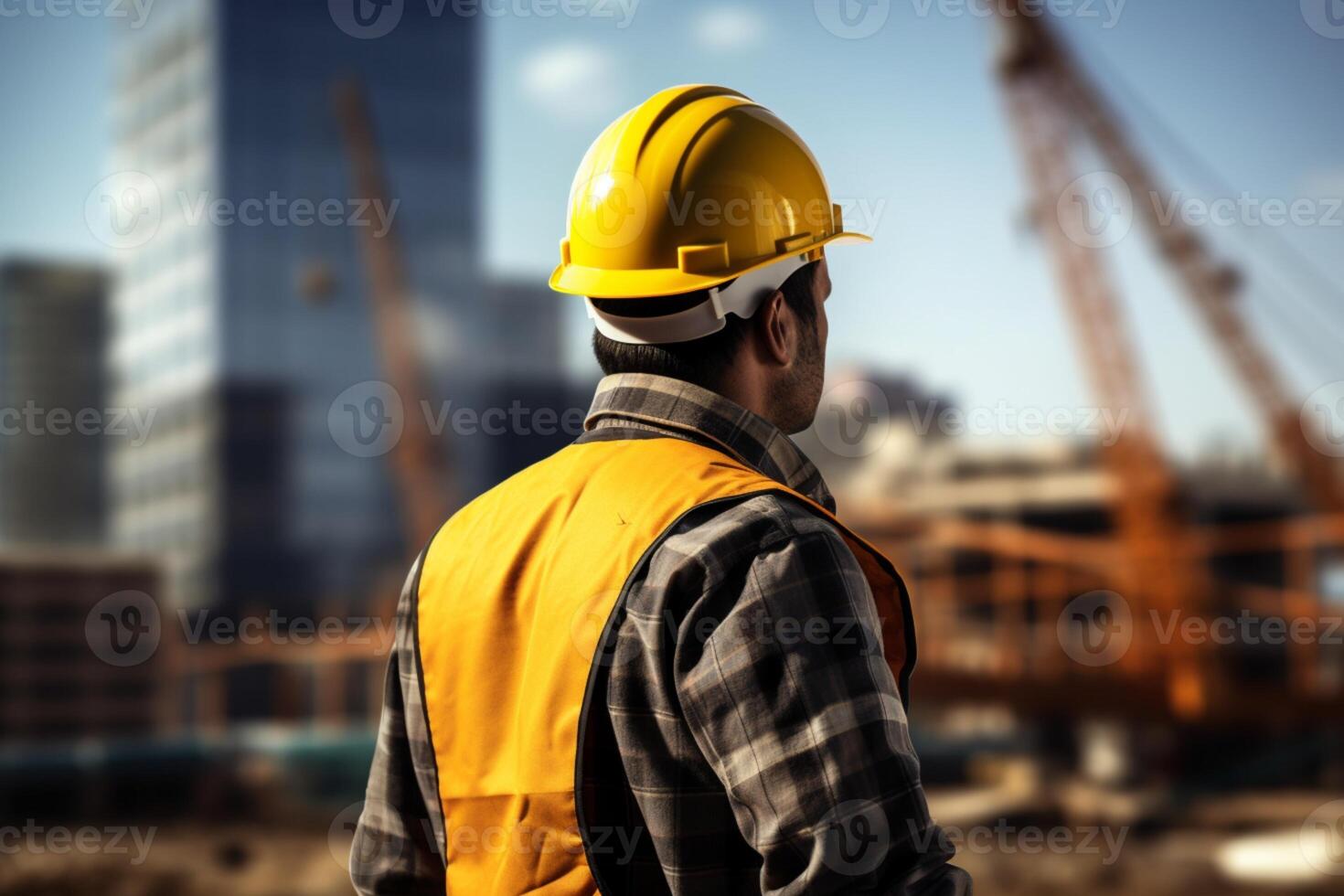 ai généré chantier préparation ingénieur porte Jaune sécurité casque sur construction site photo