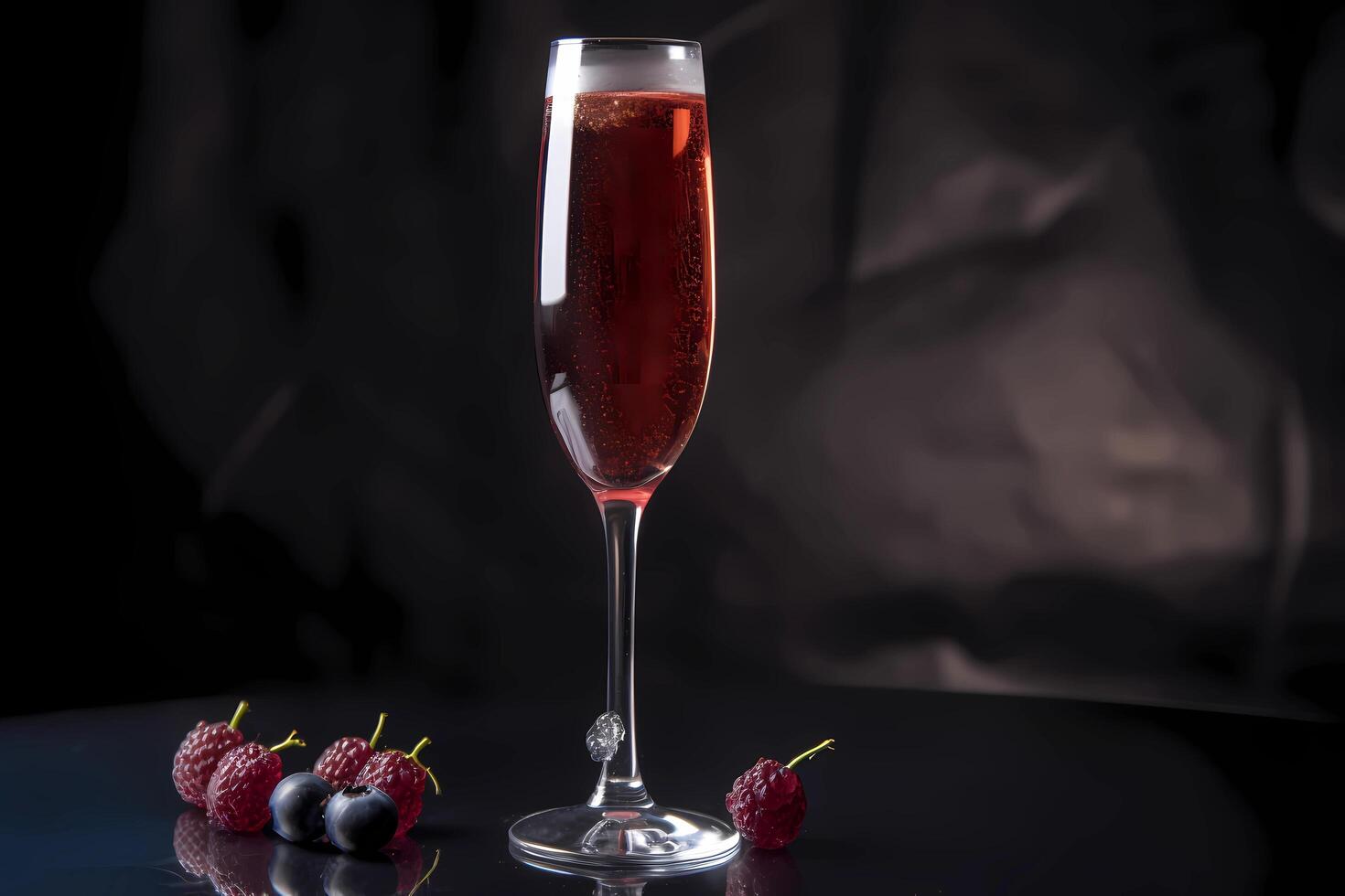 ai généré kir royale - originaire dans France, fabriqué avec Champagne et crème de Cassis photo