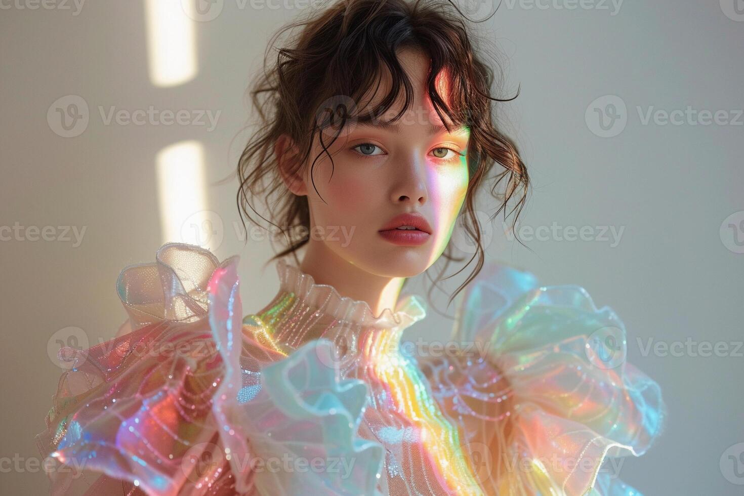 ai généré Jeune femelle caucasien modèle avec frisé foncé cheveux dans chatoyant iridescent robe. ai généré photo