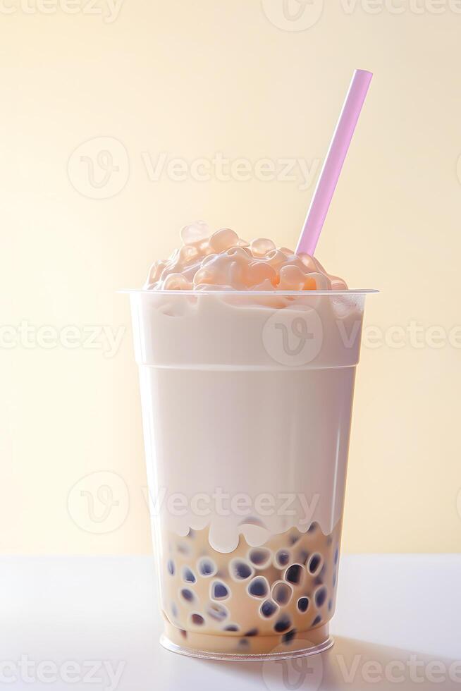 ai généré une rafraîchissant tasse de bulle thé avec Tapioca perles sur doux Jaune Contexte. ai généré photo