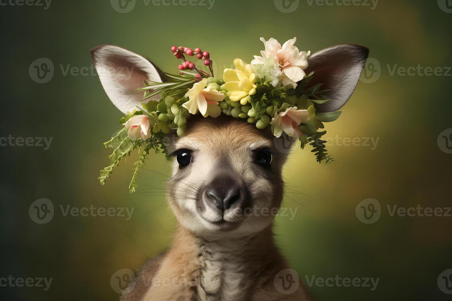 ai généré bébé kangourou portant fleur couronne photo