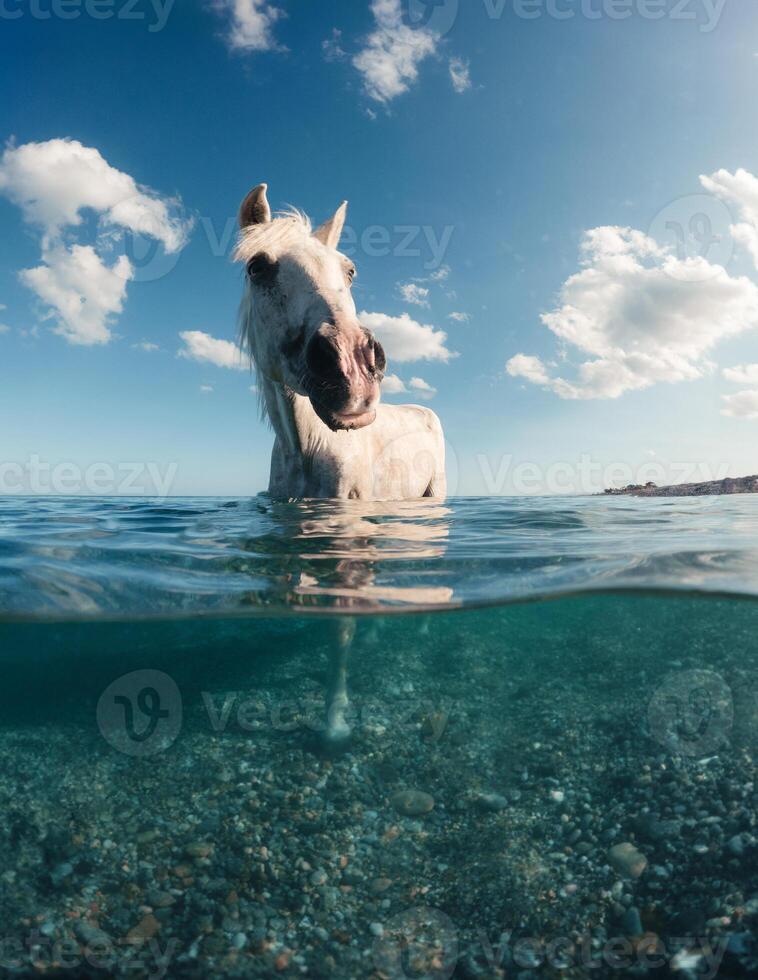 blanc cheval nage dans le mer photo