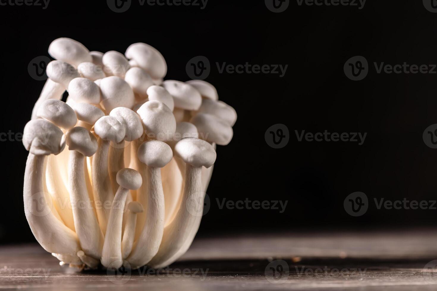 fermer de une bouquet de Shimeji champignons sur foncé arrière-plan, avec sélectif concentrer photo