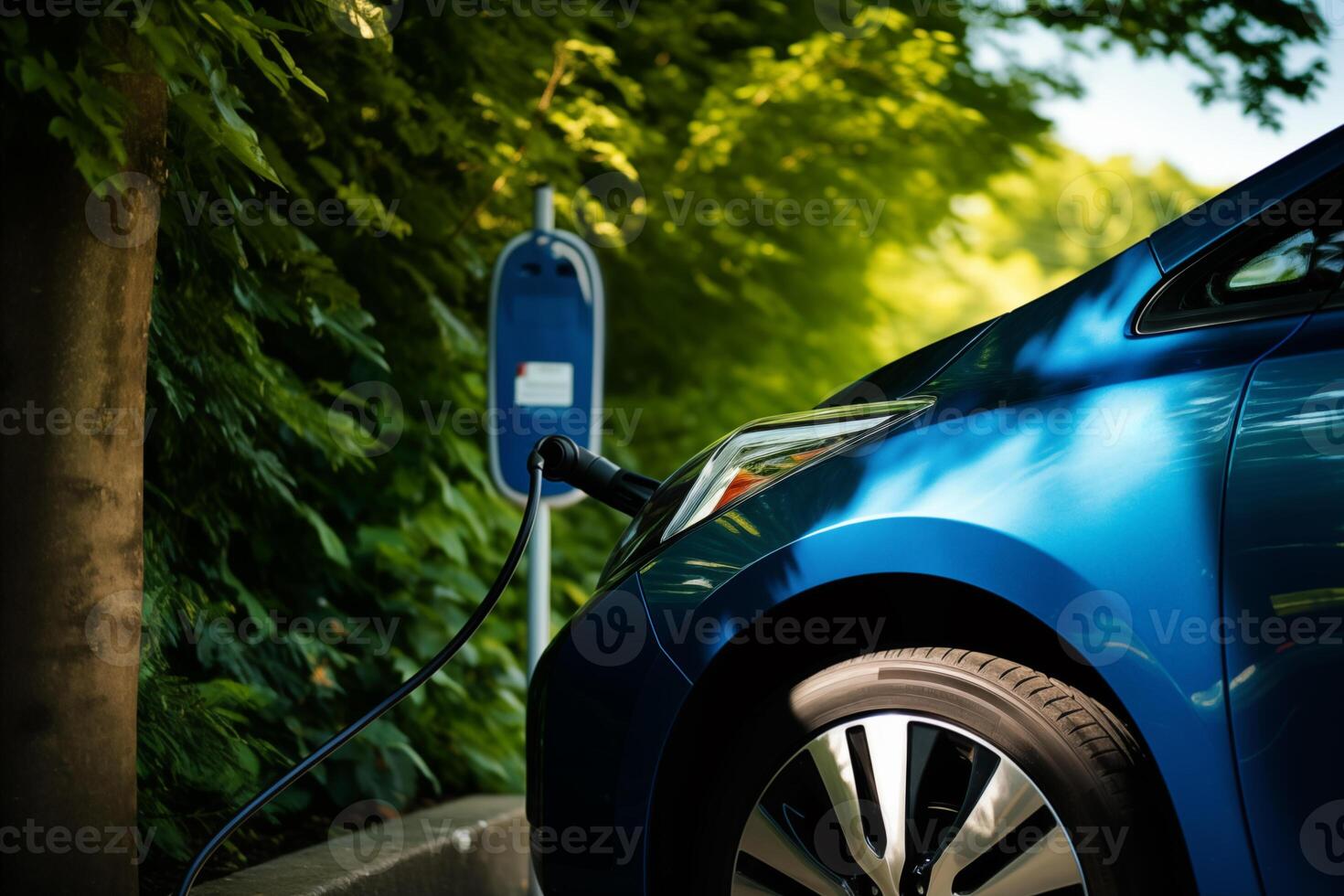 ai généré image. électrique mise en charge station et garé bleu voiture dans une vert parc zone photo