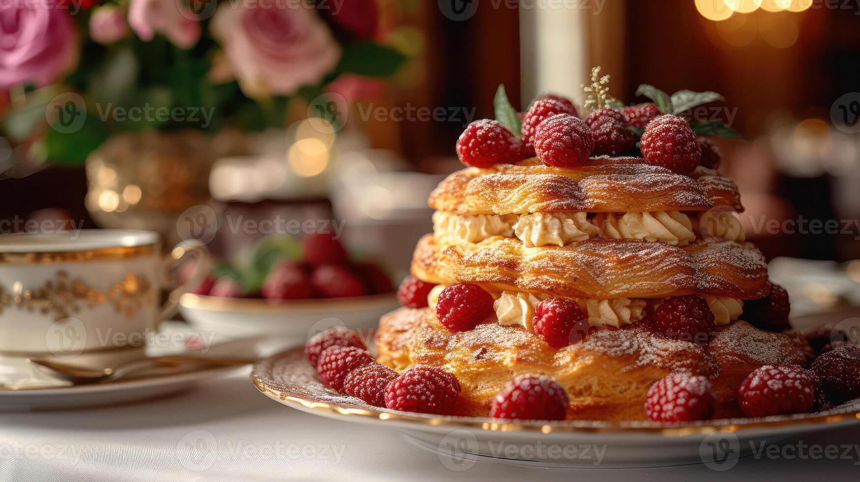 ai généré luxueux nourriture un service apéritifs et desserts sont servi à Restaurants ou formel dîners dans une classique Anglais style. photo