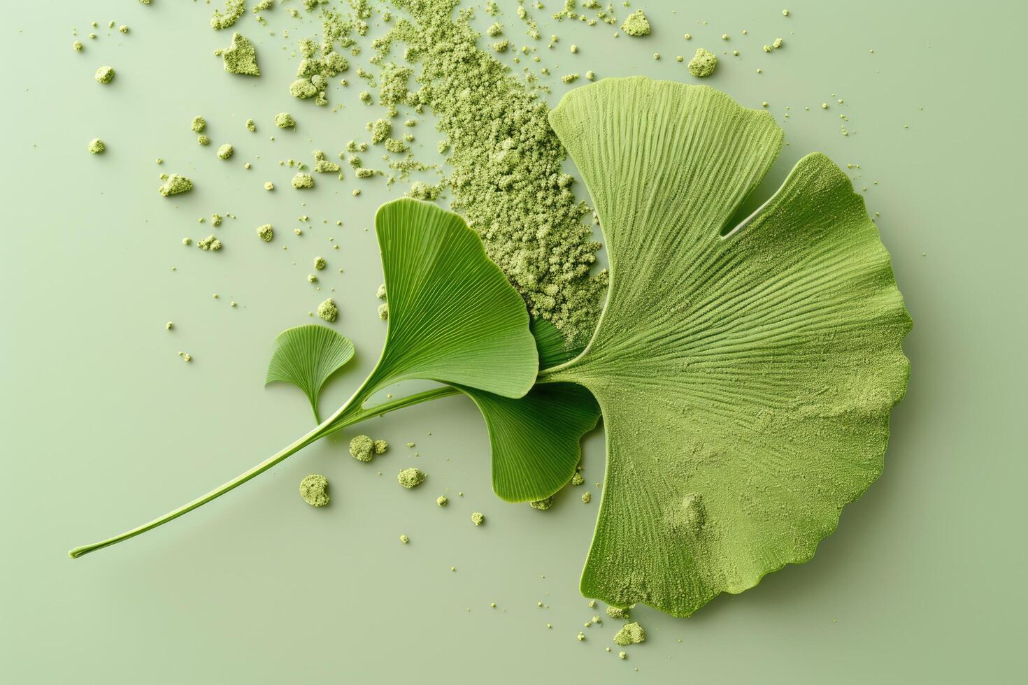 ai généré capillaire, ginkgo biloba feuilles et pile poudre pour cerveau, mémoire. guérison plante chinois médicament photo