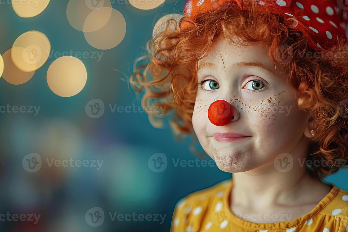 ai généré avril imbéciles journée bannière, marrant pitre cirque interprète, frisé rouge aux cheveux fille avec une pitre nez photo