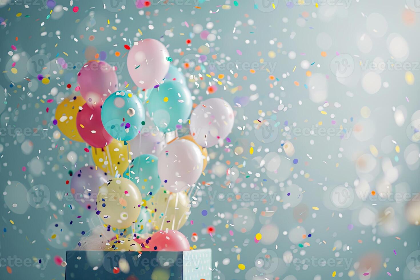 ai généré avril imbéciles journée bannière, coloré des ballons et confettis en volant en dehors de une cadeau boîte, faire la fête, anniversaire photo