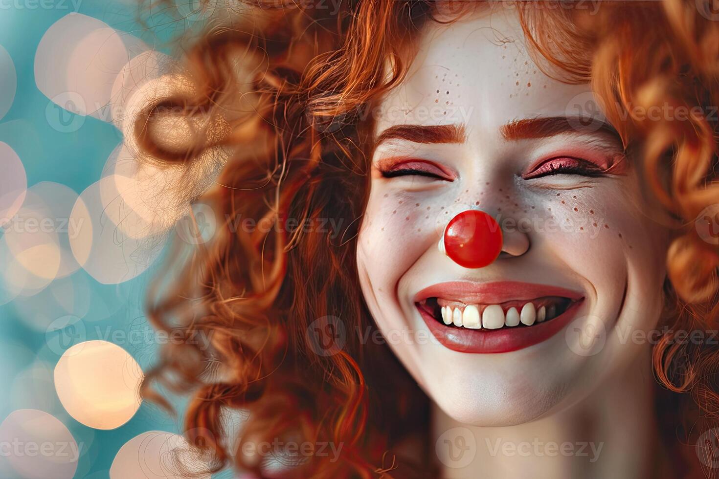 ai généré avril imbéciles journée bannière, marrant pitre cirque interprète, frisé rouge aux cheveux fille avec une pitre nez photo